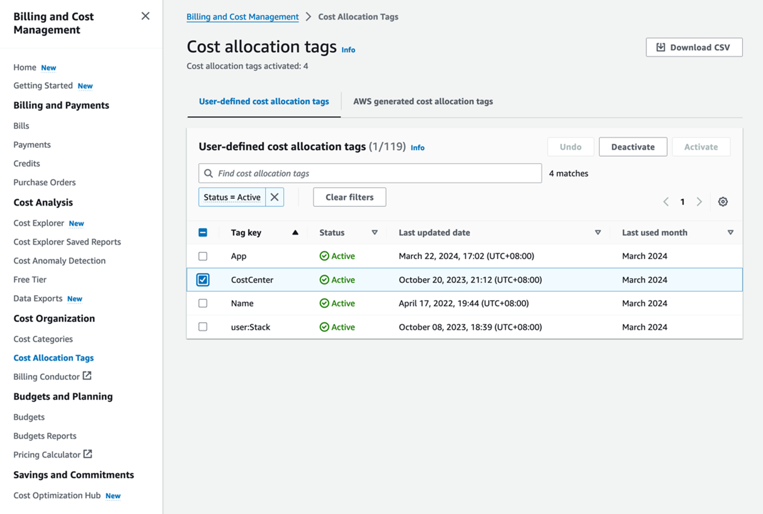 圖 2 Cost Allocation Tags 在亞馬遜雲科技 Console 的顯示示意